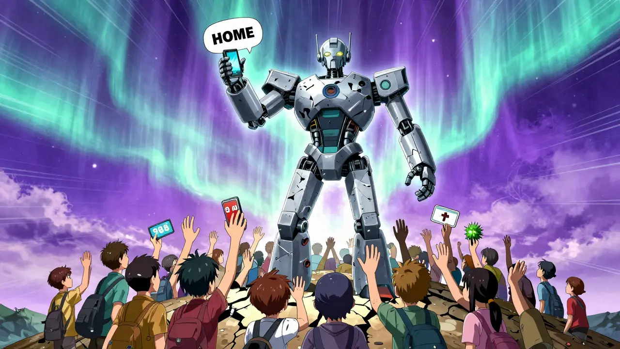 A robot made of thousands of hands forms a guardian above diverse people, symbolizing collective support.