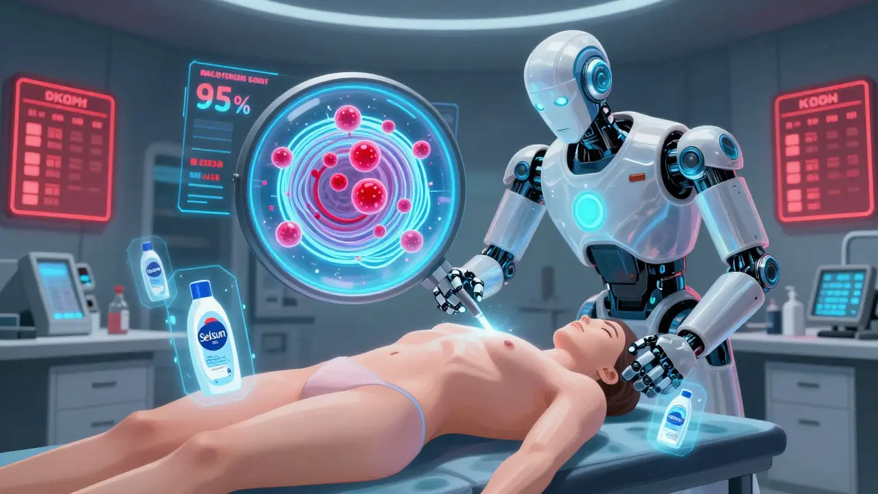 A robotic hand performing a KOH test on a floating torso, with glowing 'spaghetti and meatballs' fungal structures visible.