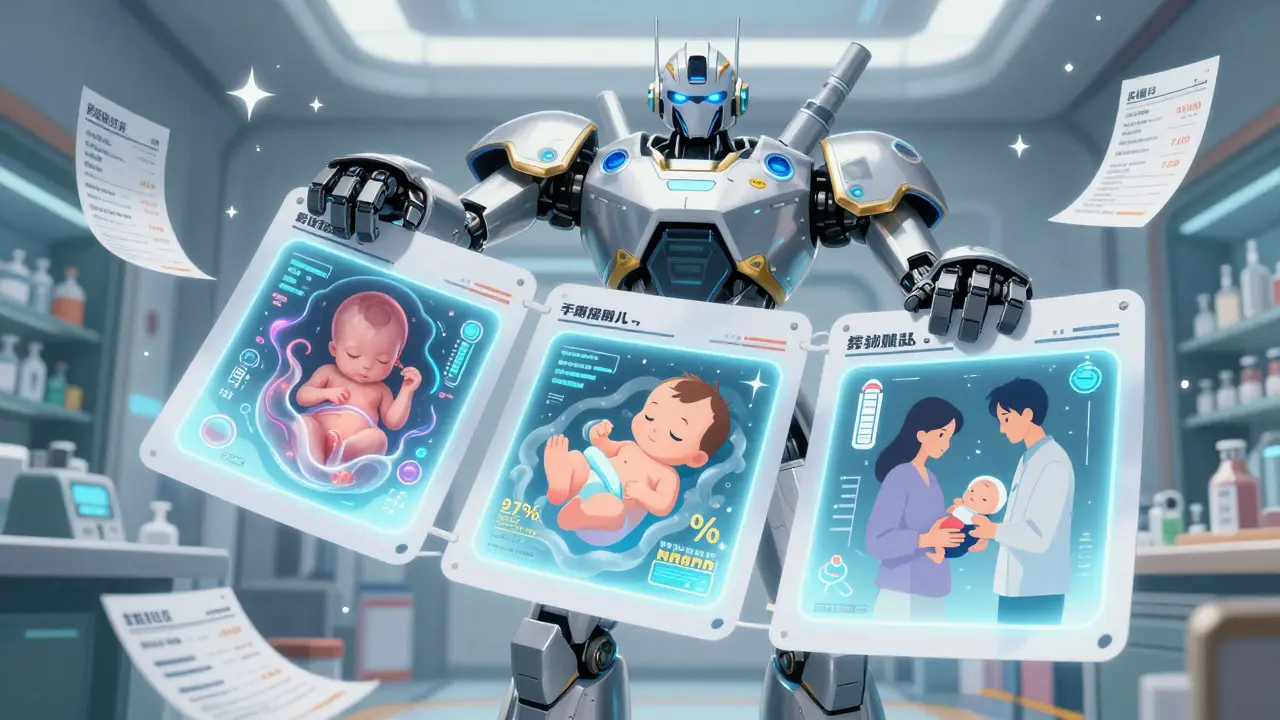 A robotic pharmacist unfolds a prescription label into three data panels showing fetal, breastfeeding, and contraception information in futuristic lighting.