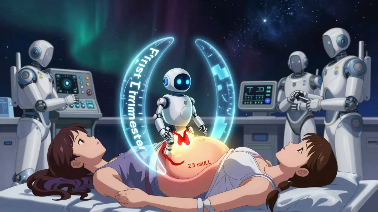 A spaceship hovering over a pregnant woman, miniature thyroid robot glowing at safe TSH level in her womb.