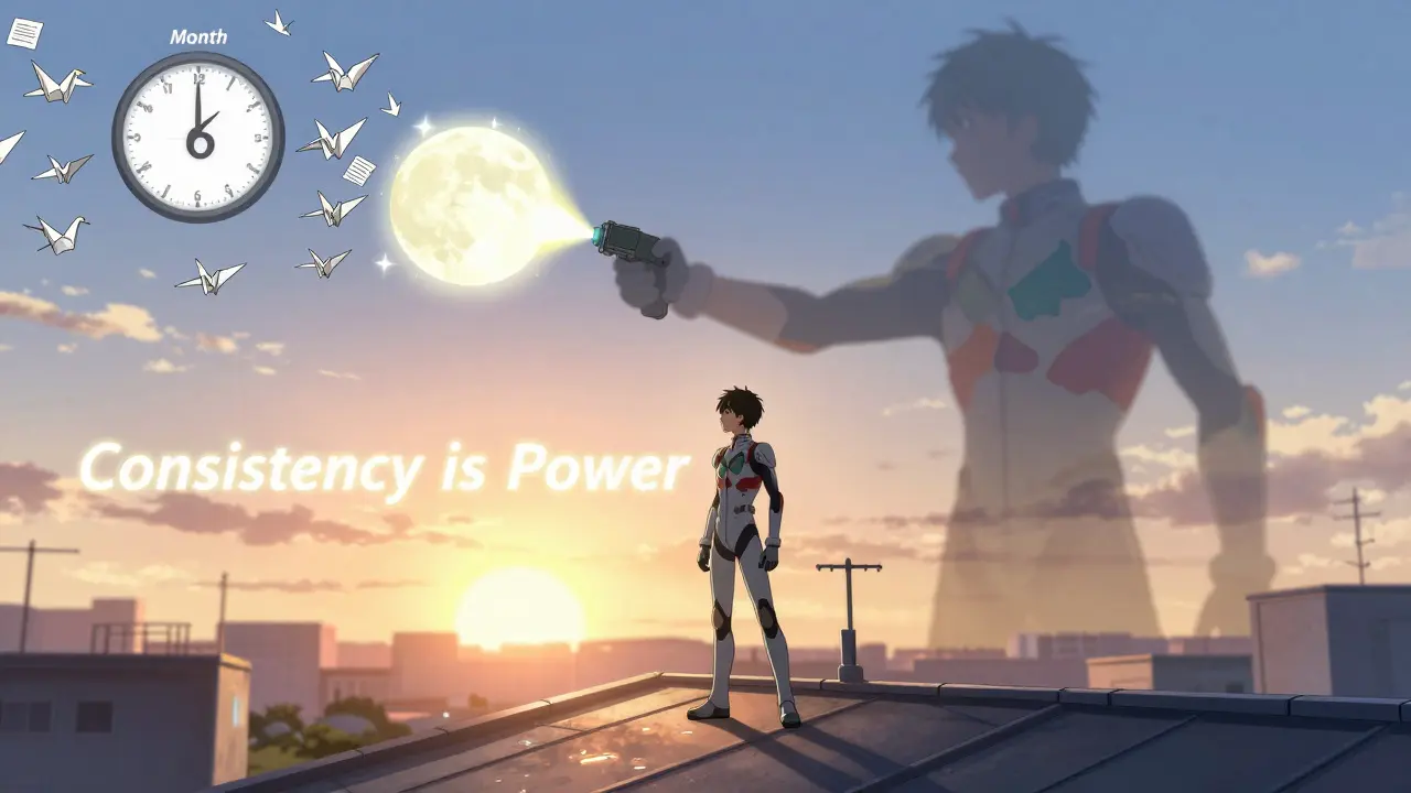 A teen on a rooftop using a device to erase skin patches, with a monthly maintenance calendar glowing in the sky.