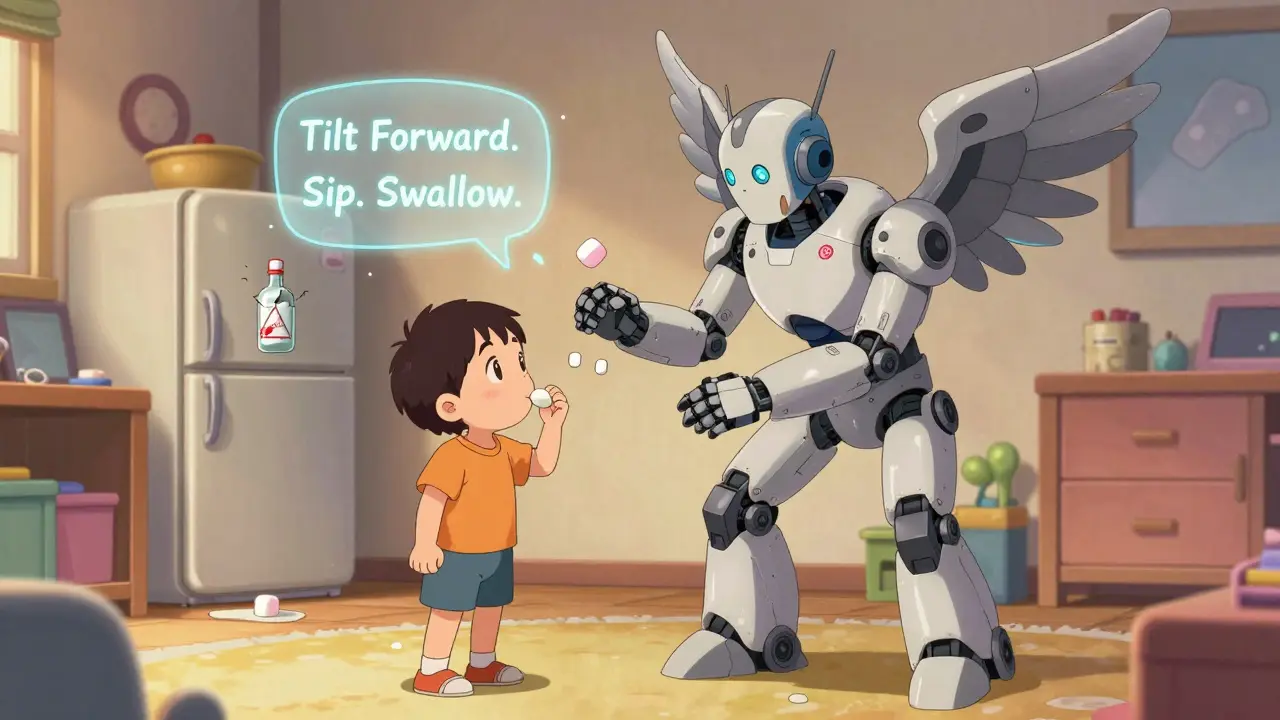 A toddler practices swallowing pills with floating marshmallow drones guided by a mechanical mentor.