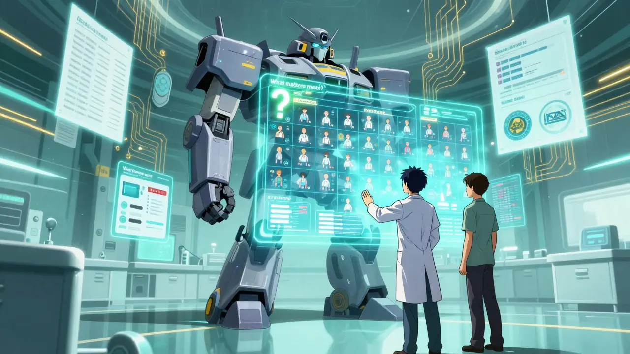 A towering AI console projects icon arrays as doctor and patient interact with decision options.