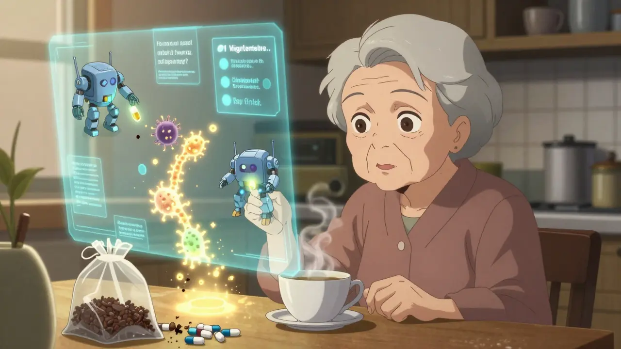 An elderly woman surrounded by robotic pill dispensers and sealed trash with coffee grounds.