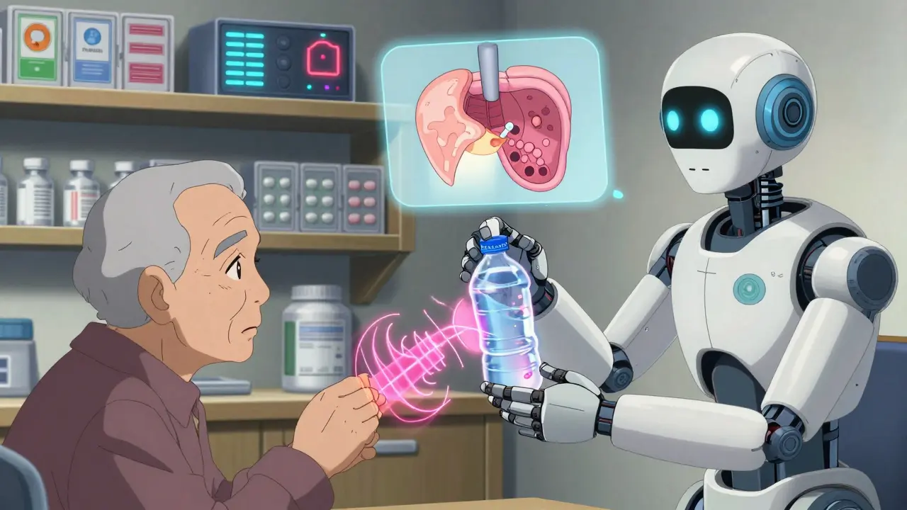 Caregiver helping an elderly person use a suction bottle method with robotic therapist projecting anatomy.