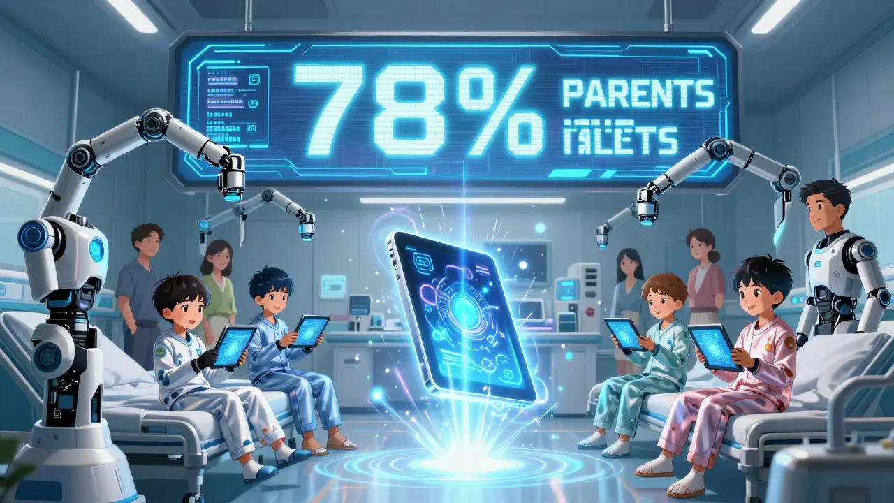 Children in a high-tech hospital take tablets from robotic arms under a pulsing digital banner.