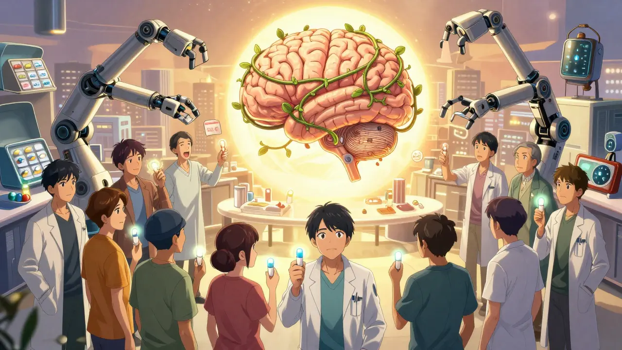 Diverse group stands with glowing pills connected to a brain-shaped AI core under golden light.