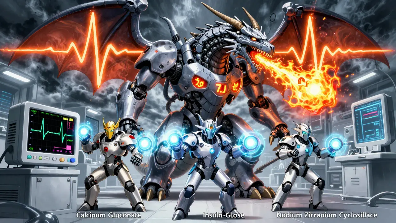 ECG dragon breathing fire as three robotic knights attack to stabilize it.