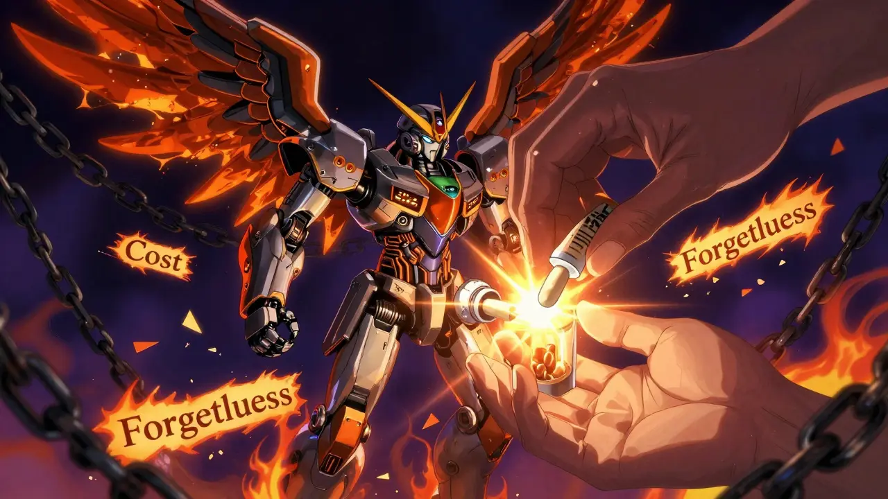 Hand places a pill into a transforming robot dispenser as chains of fear and cost shatter around it.