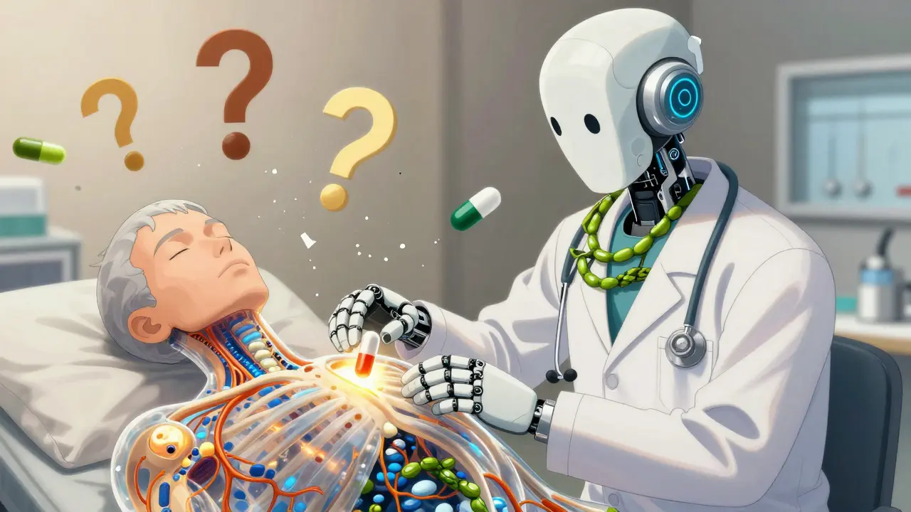 Medical robot administers vitamin K capsule to patient with glowing blood vessels