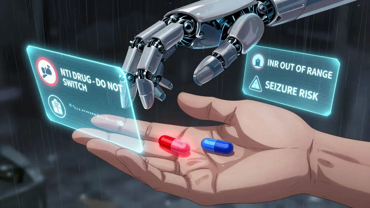 Patient's hand holding two pills with glowing risk indicators and floating medical warnings, robotic arm blocking the switch.
