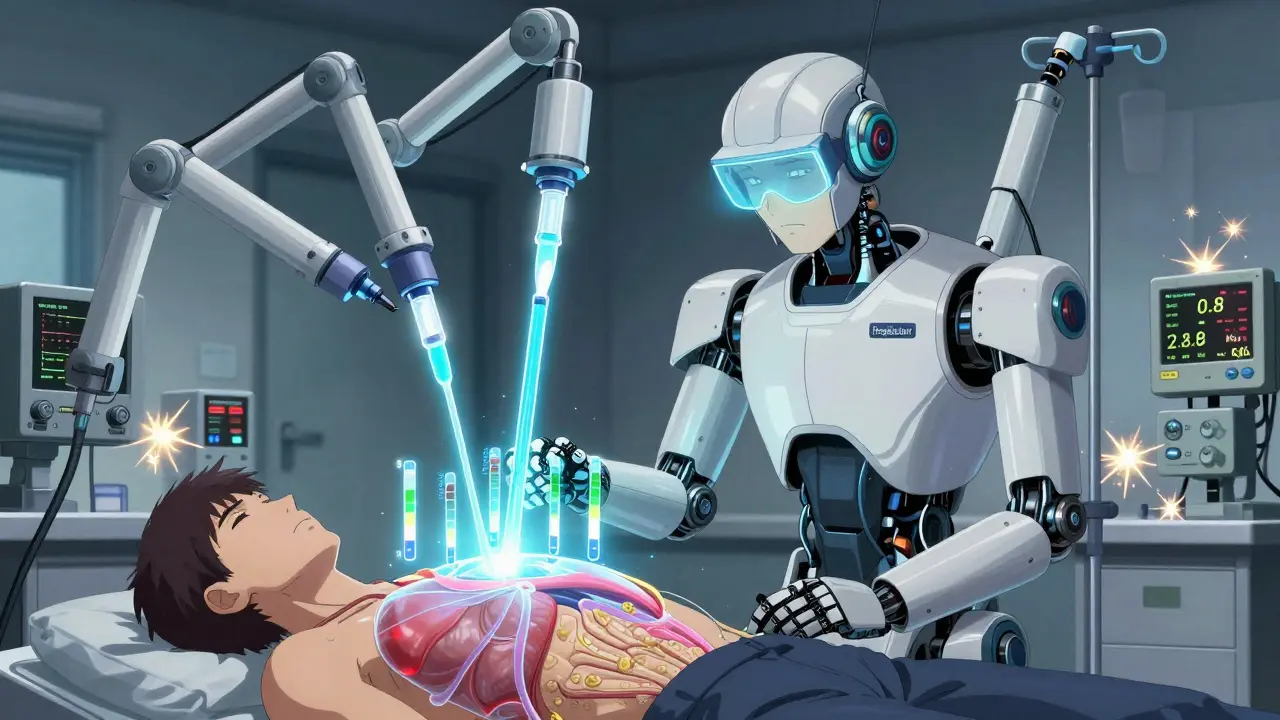 Robotic clinician scanning patient with dropping electrolyte levels and IV magnesium flowing.