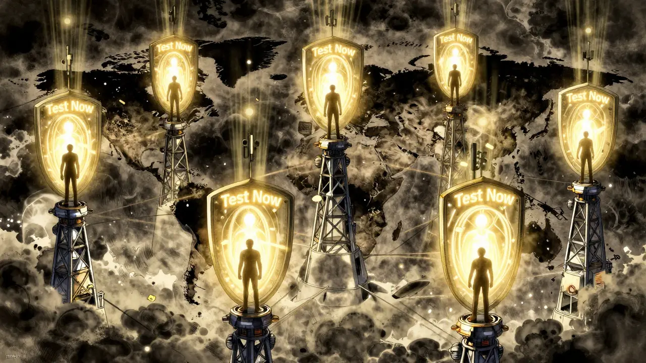 Robotic towers broadcast healing shields across continents, transforming silenced people into healthy figures.