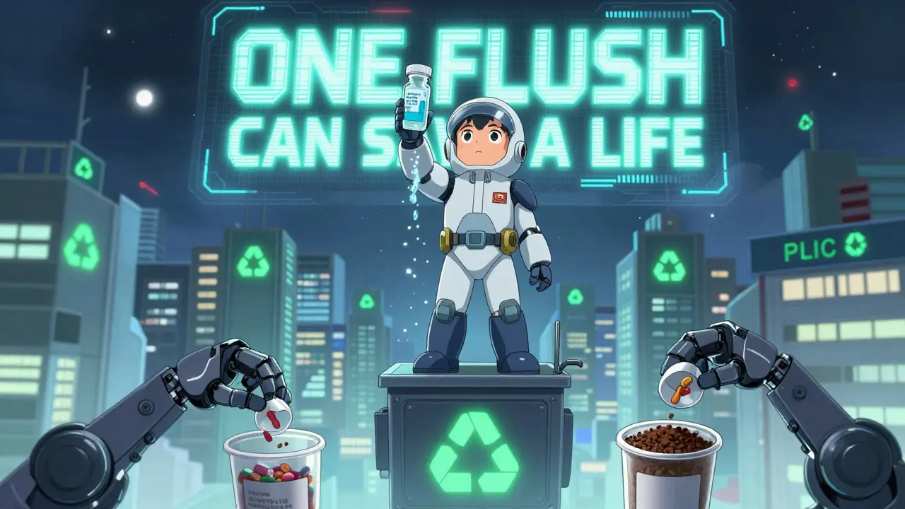 A child in a hazmat suit dissolves a dangerous drug into energy as take-back locations glow in the background.