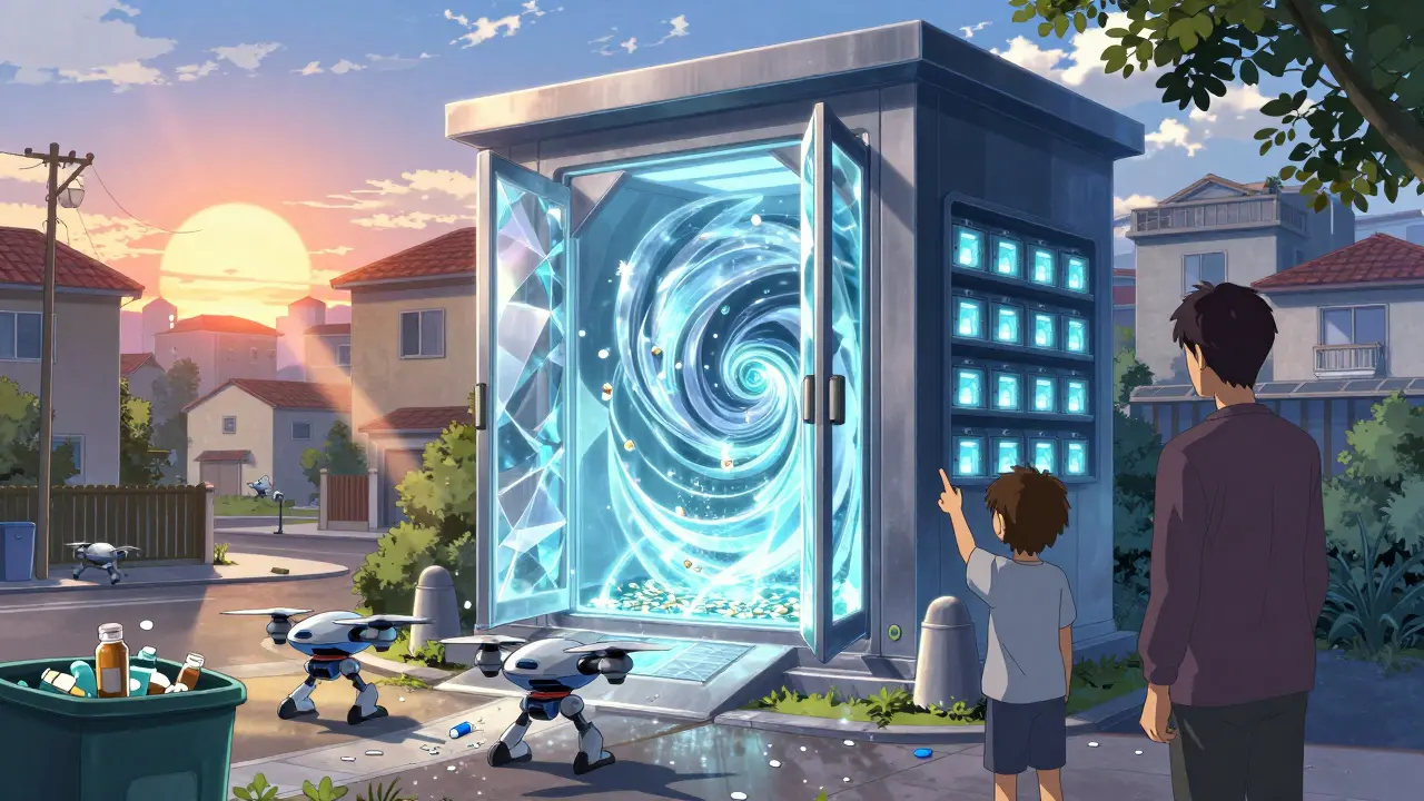 A giant disposal station neutralizes pills with energy vortexes as drones collect medications, under a rising sun.