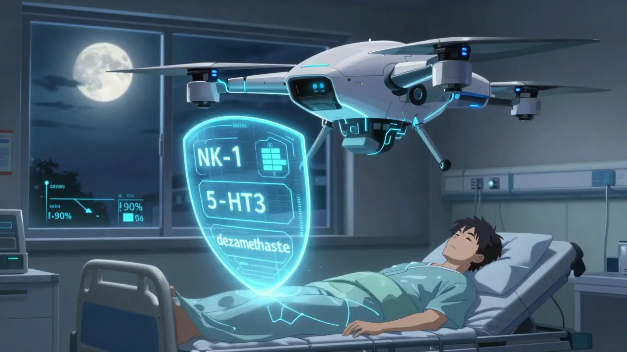 A medical drone projects anti-nausea shields over a sleeping patient under moonlight.