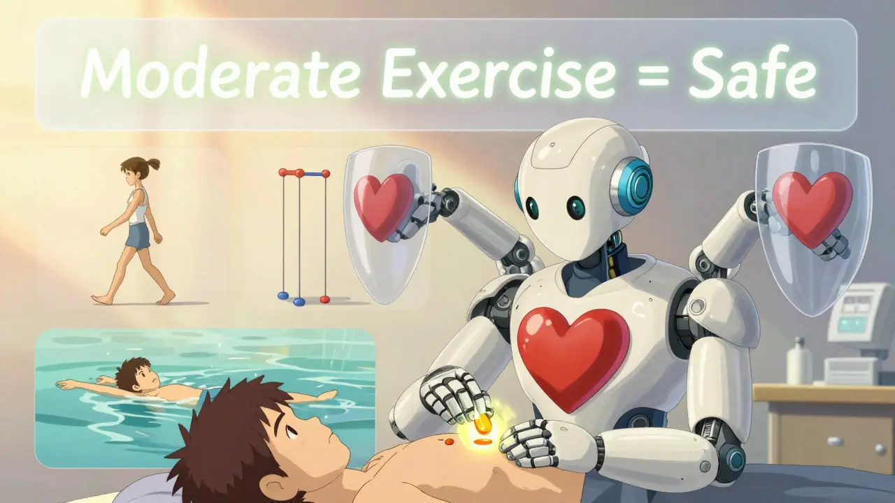 A medical robot administers a CoQ10 capsule while gentle exercises like walking and swimming unfold in the background.