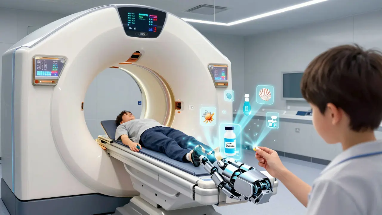 A patient being lowered into a CT scanner shaped like a mech cockpit, with floating immune response data and a child receiving Zyrtec.