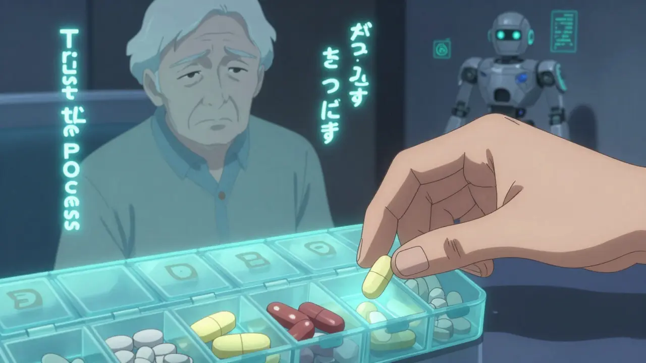 A patient inserts pills into a glowing organizer as a confident version of themselves emerges behind them.