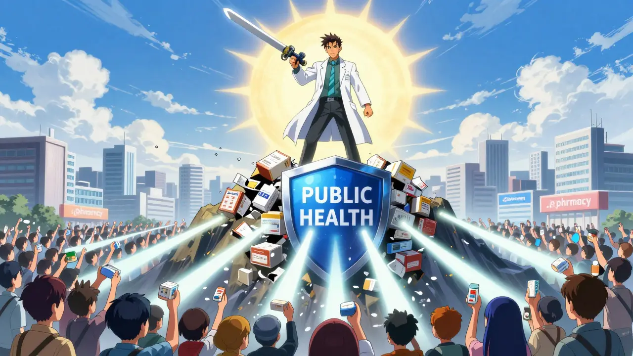 A pharmacist wields a scanner as citizens' pills form a shield labeled 'PUBLIC HEALTH' under a .pharmacy sun.