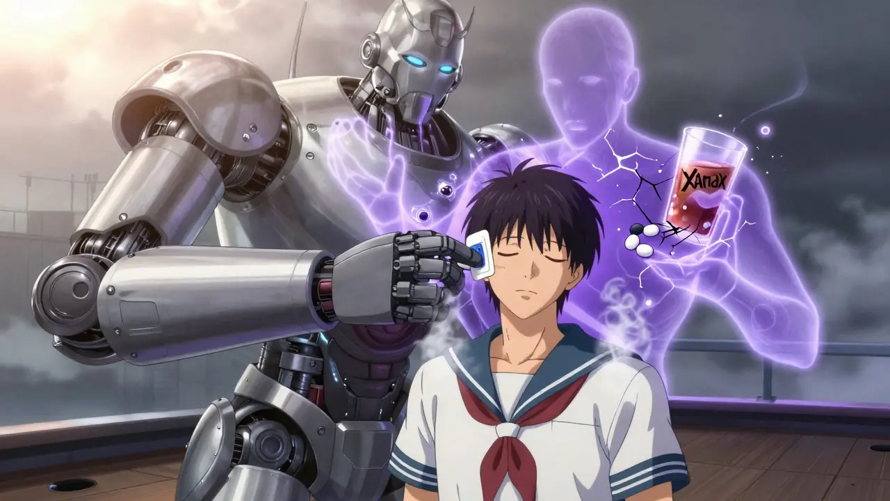 A robotic arm applies a scopolamine patch as dangerous drug molecules dissolve nearby, sailor at peace on a rocking ship.