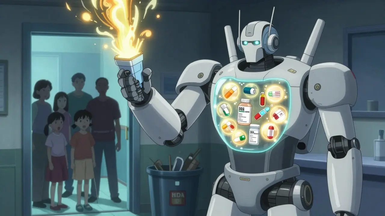 A robotic pharmacist flushes dangerous medications with golden energy while a family watches safely.