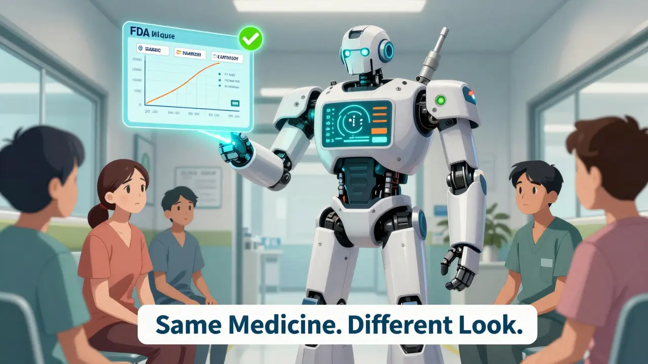 A robotic pharmacist projects a bioequivalence animation to reassure patients during a medication switch.