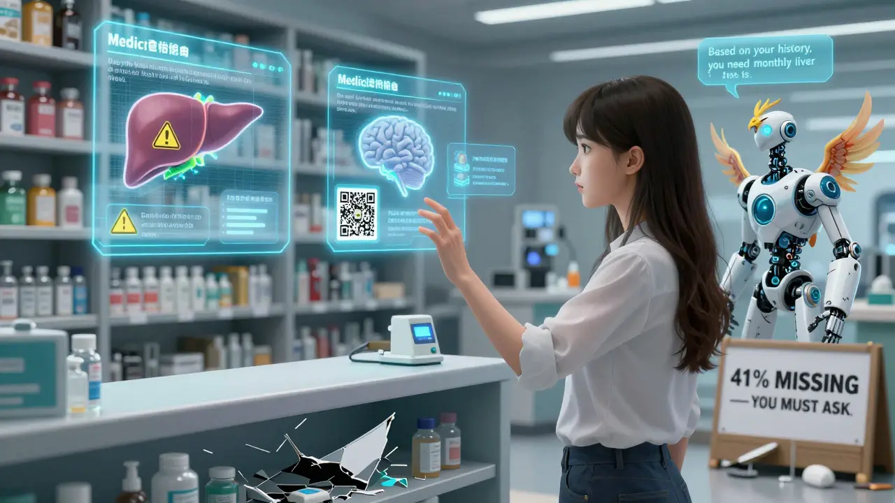 A woman receives a personalized holographic health alert from a floating Medication Guide and AI phoenix.