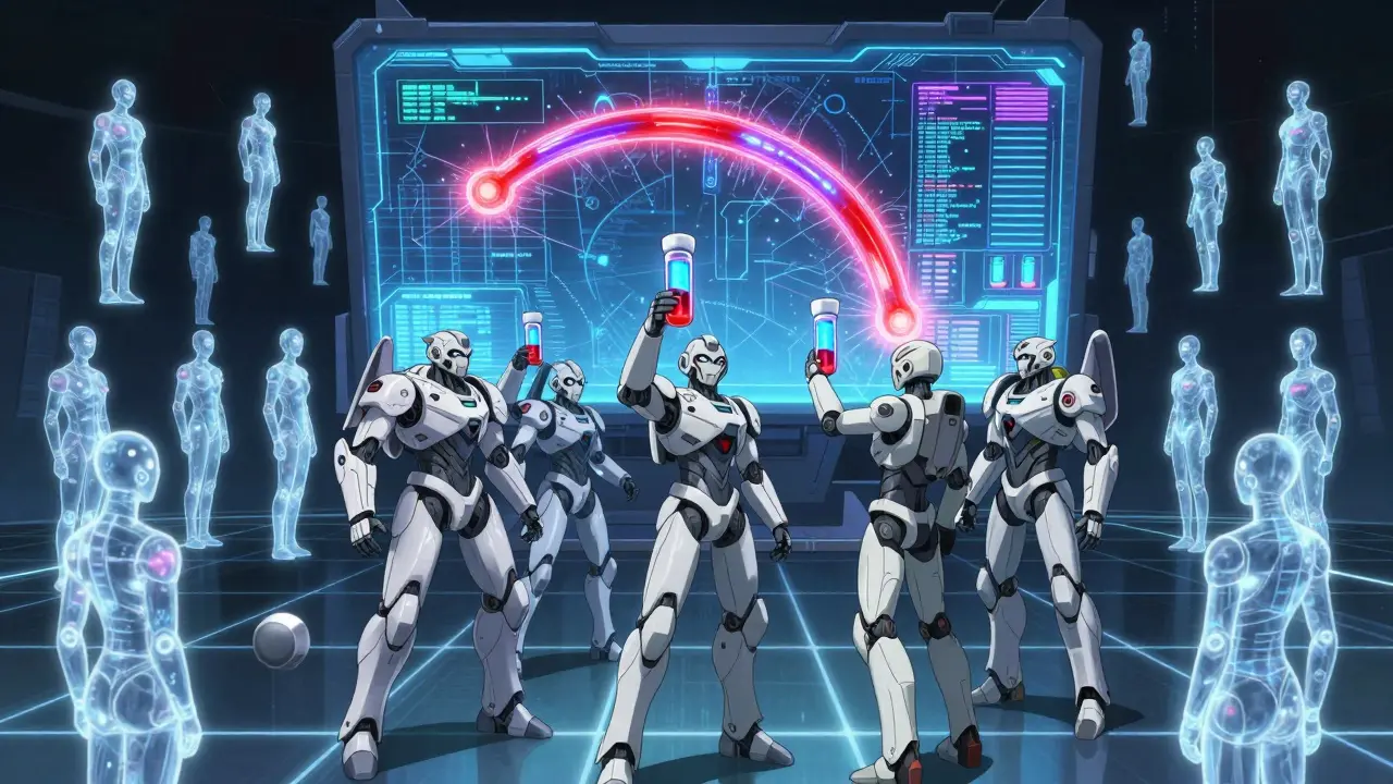 Armored robots conducting a bioequivalence study with floating blood samples and glowing AUC curves.