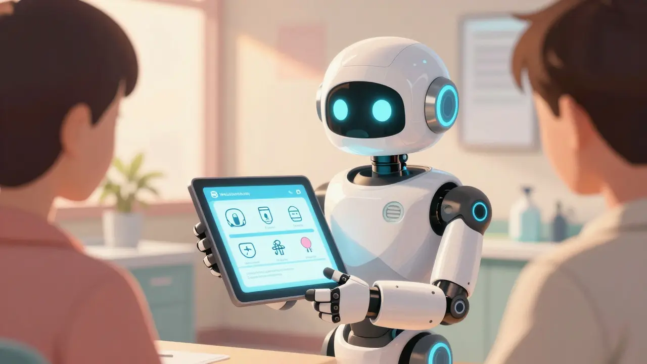 Friendly robot explaining drug info to a patient