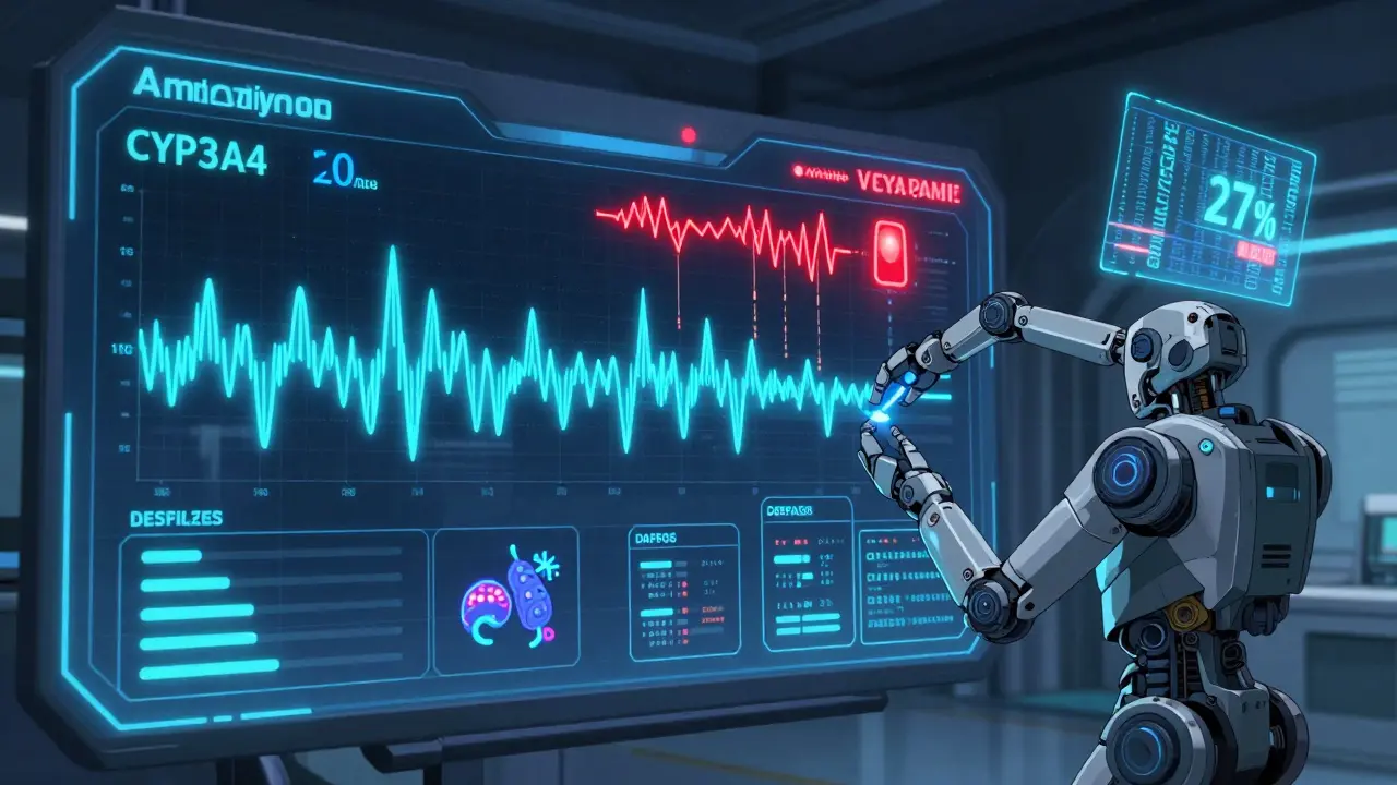 Futuristic hospital dashboard showing metabolic data, amlodipine steady, verapamil spiking with genetic and microbiome alerts.