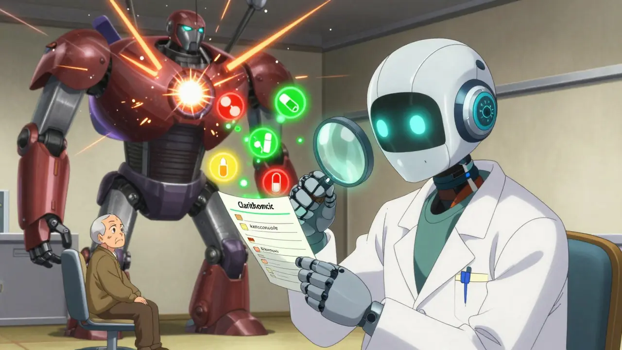 Pharmacist robot scanning medications with color-coded alerts, CYP3A4 enzyme shutting down, elderly patient observing calmly.
