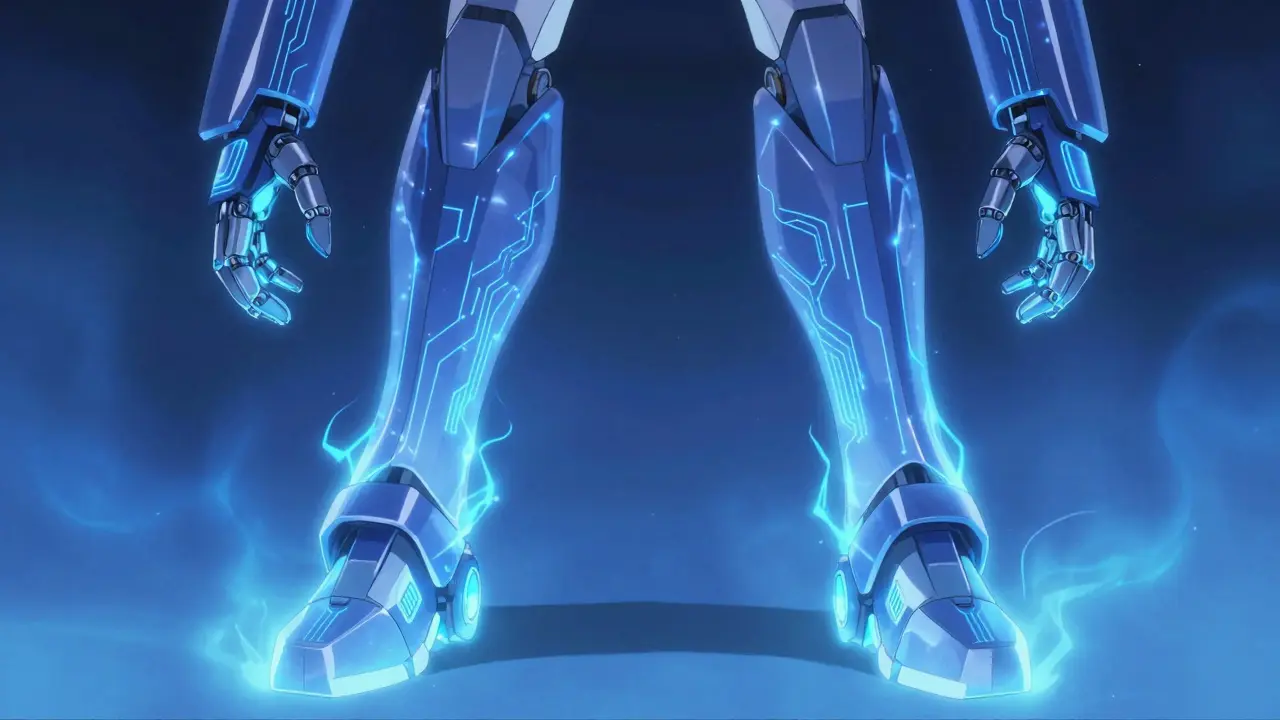 Robot hands and feet with blue tingling energy in stocking-glove pattern.
