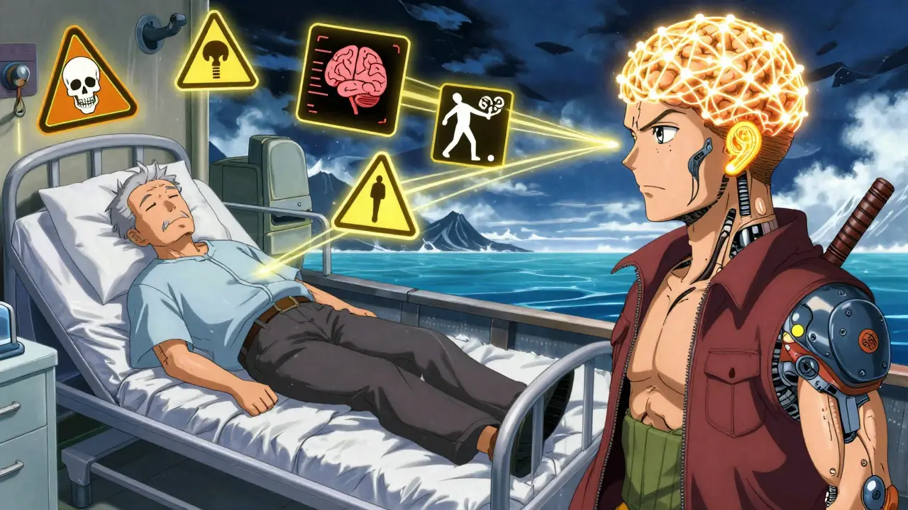 Split scene: drowsy elderly man in hospital vs. alert fisherman powered by scopolamine patch, neural energy connecting brain to patch.