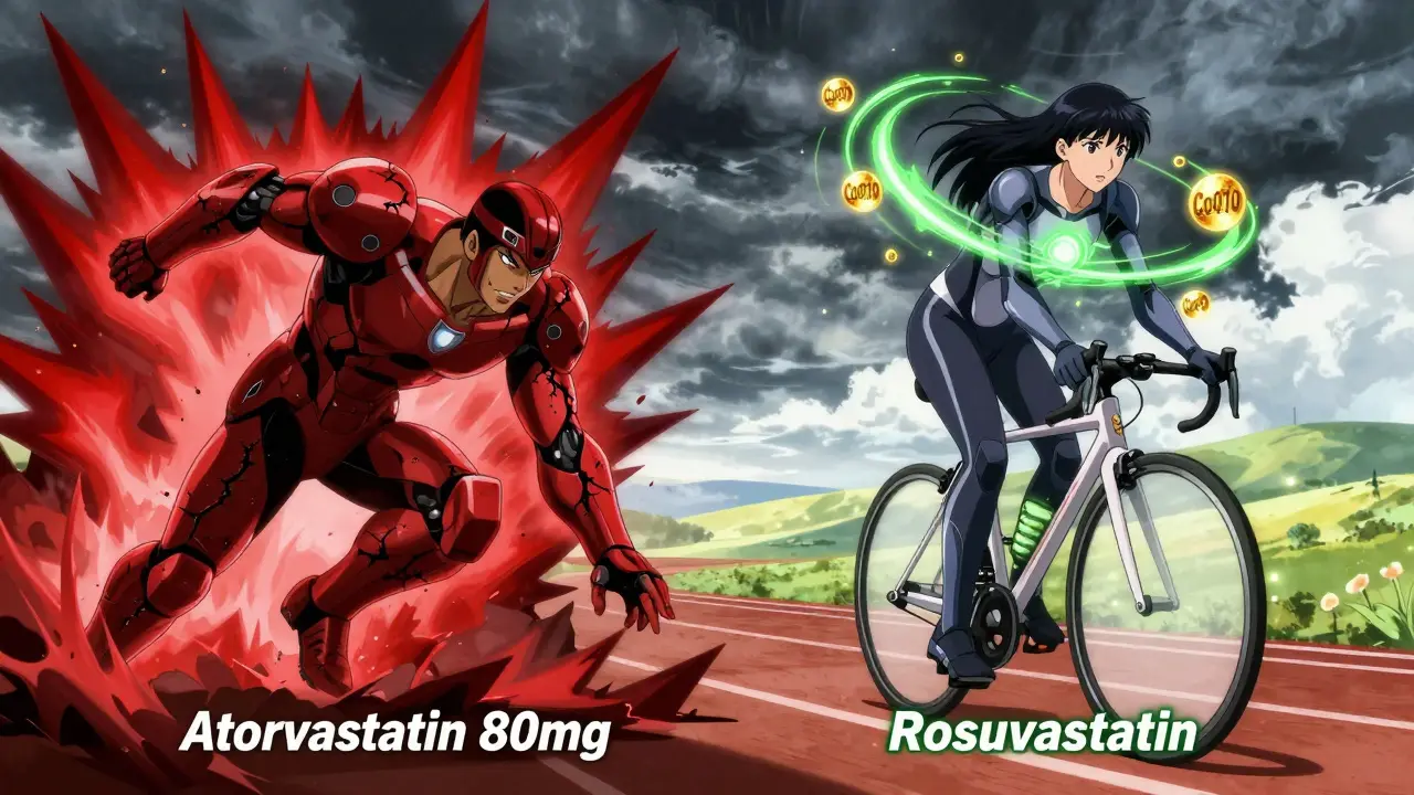 Two athletes contrast: one collapsing under heavy statin armor, another cycling calmly with golden CoQ10 orbs orbiting her muscles.