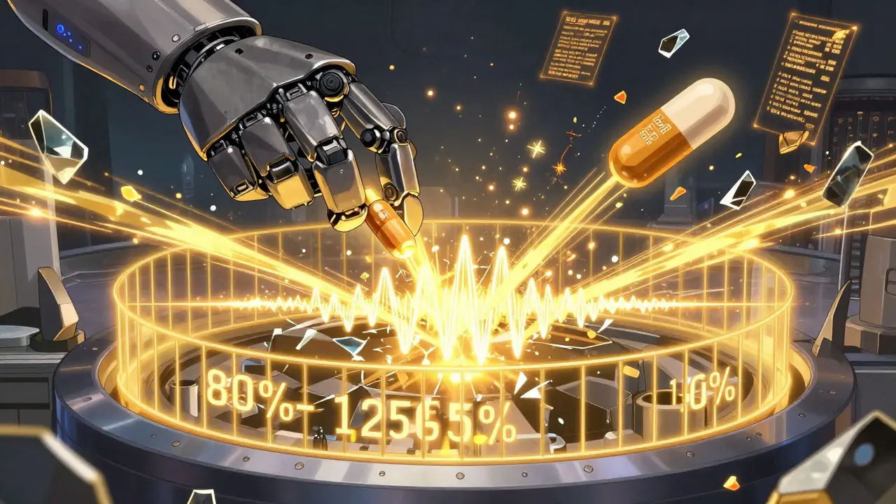 Two pills analyzed by a mechanical hand, their data merging within a glowing 80-125% boundary under regulatory runes.