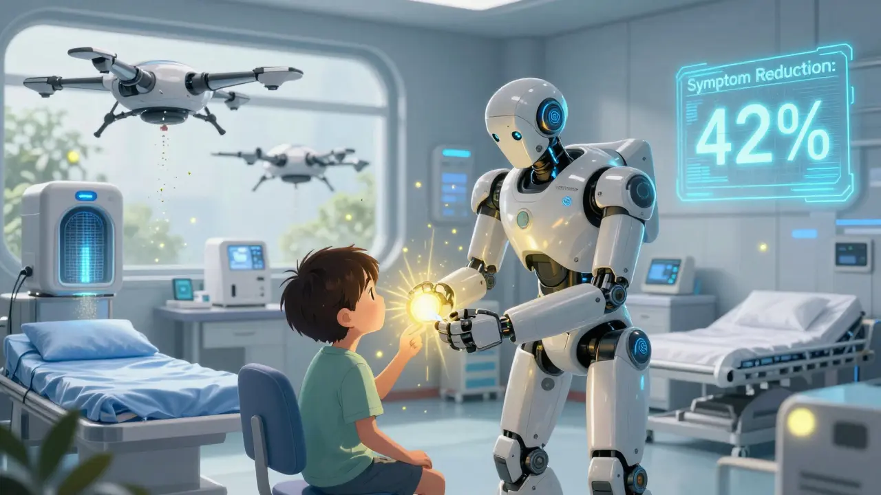 A child receives glowing immunotherapy tablets as drones clean allergens in a futuristic clinic.