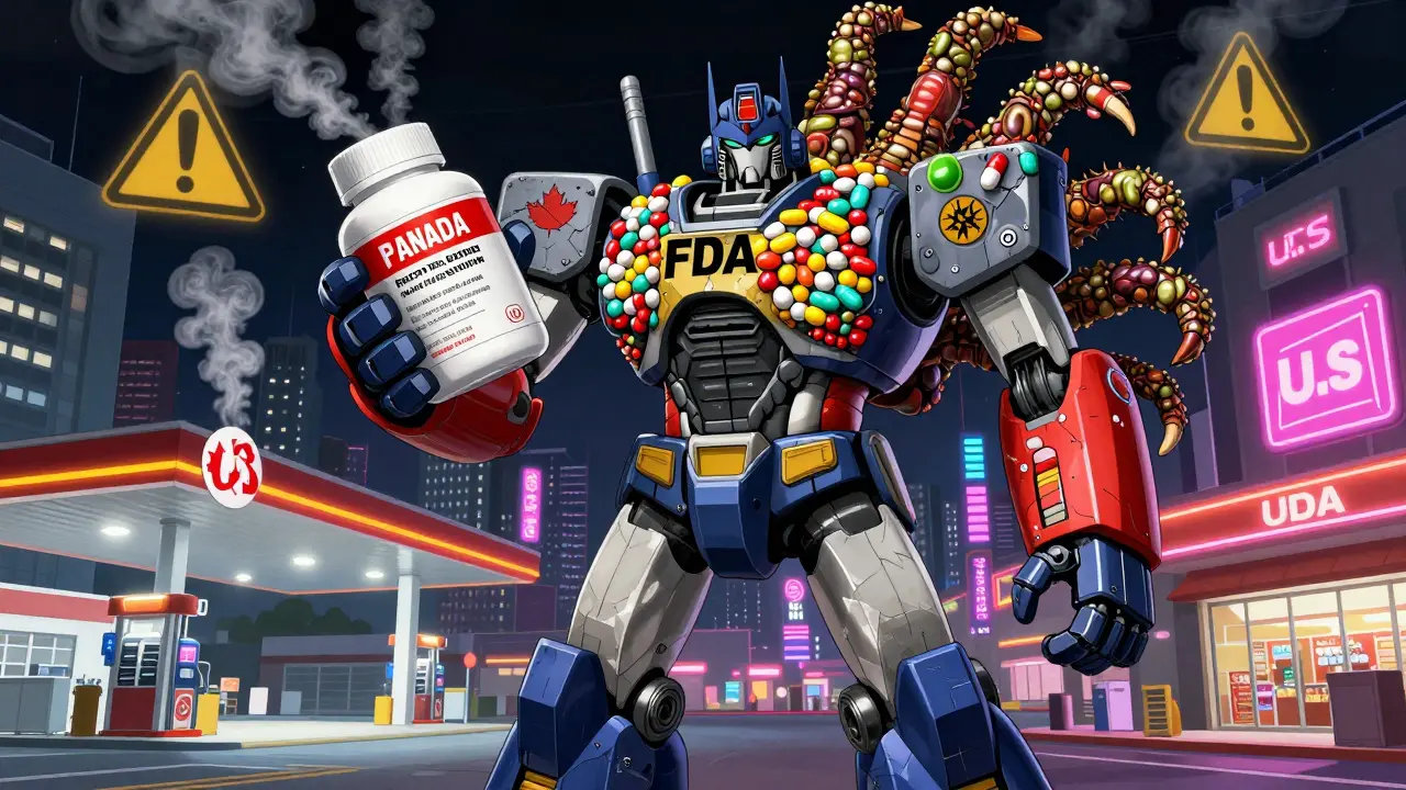 A colossal FDA robot restraining a multi-headed yohimbe beast made of pills, beside banned supplement labels from other countries.