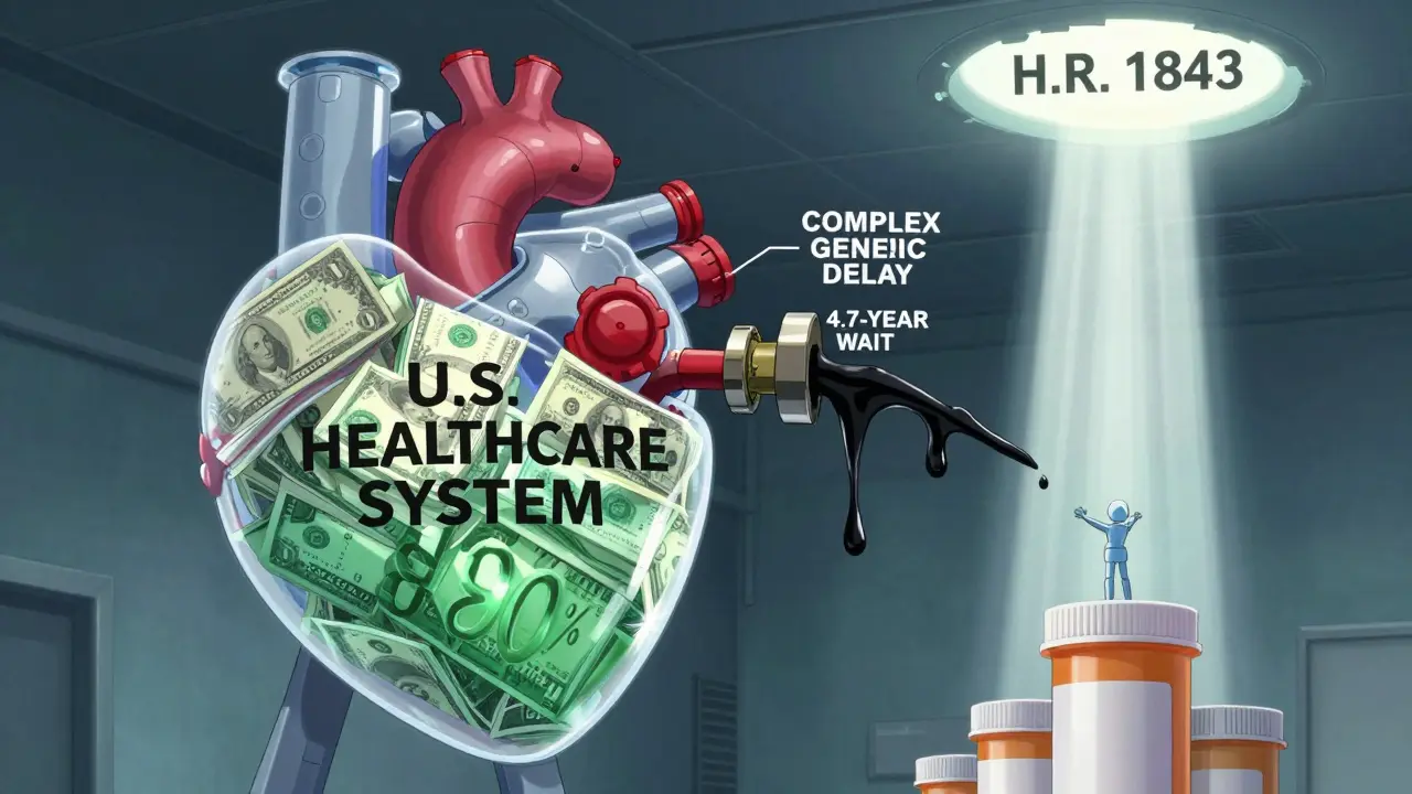 A heart machine pumps drug money, clogged by delay oil, as a patient reaches toward a rising robot labeled H.R. 1843.
