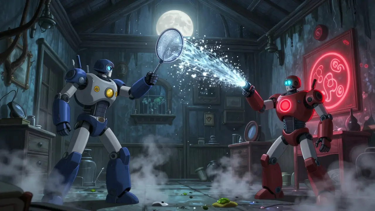 A hero uses a saline-powered neti pot to purge dust mites from a haunted house.