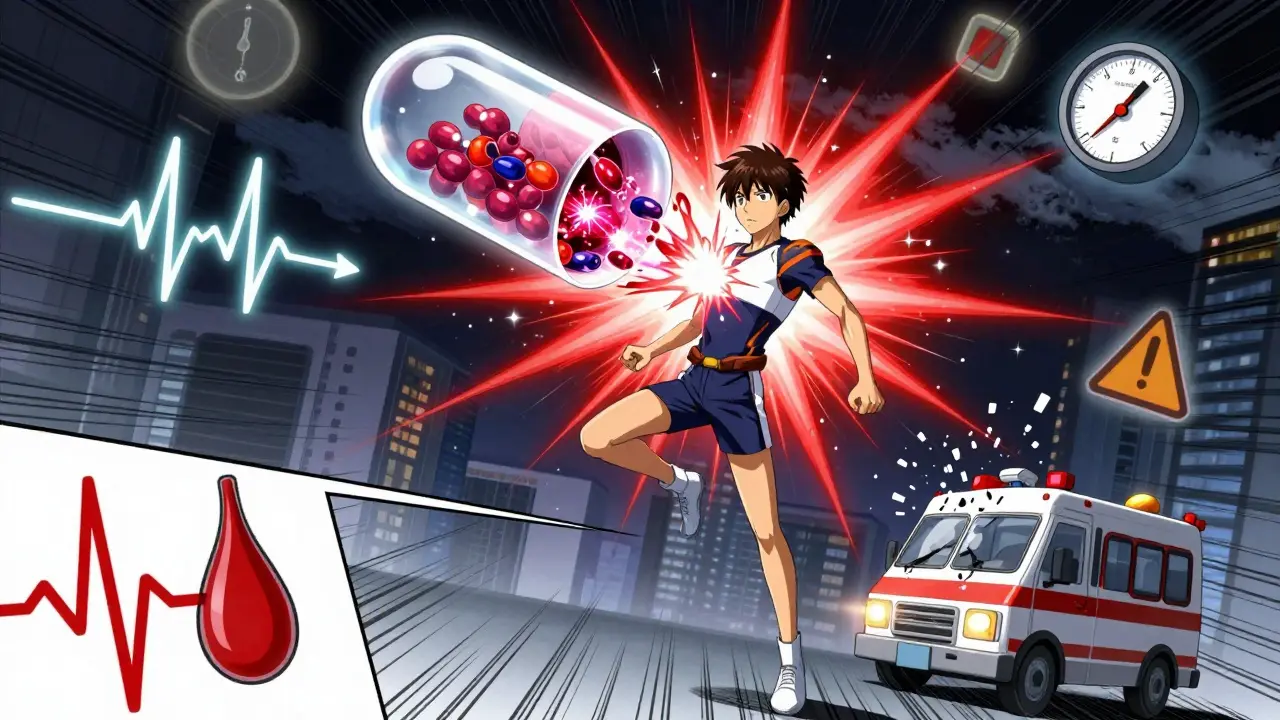 A man frozen as red pressure waves explode from his chest, with floating medical icons and shattering gauges around him.