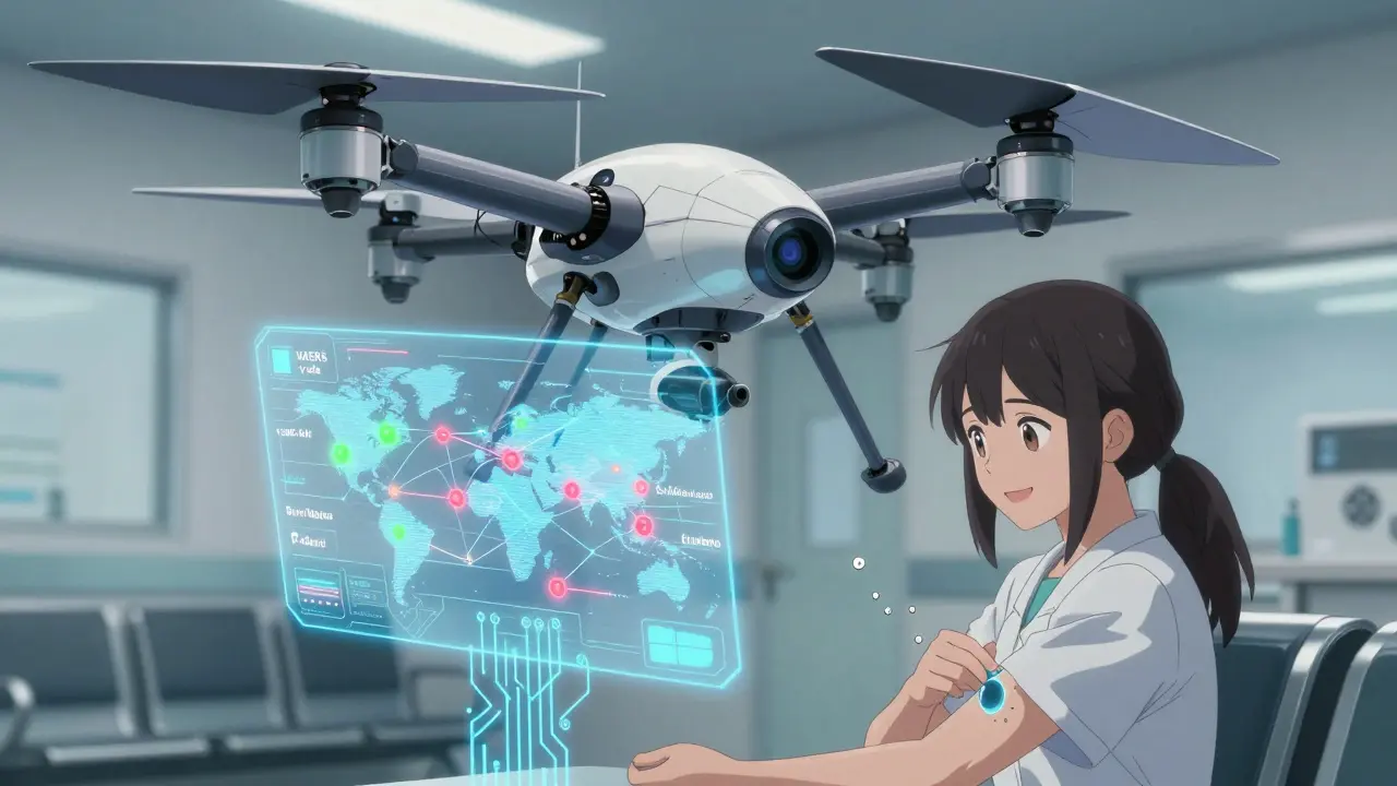 A medical drone analyzes global vaccine safety data above a clinic.
