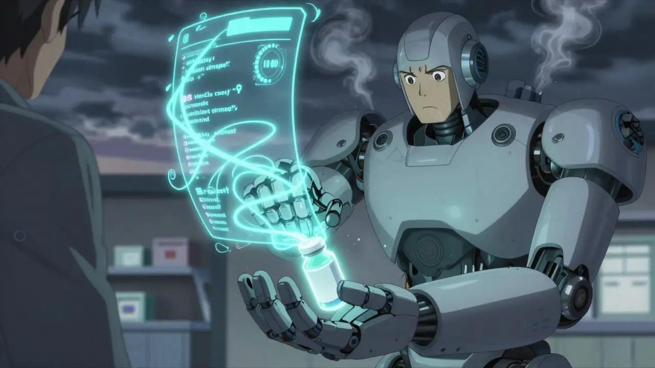 A patient places a medicine bottle into the hand of a massive MedWatch mech as holographic data streams rise around it.