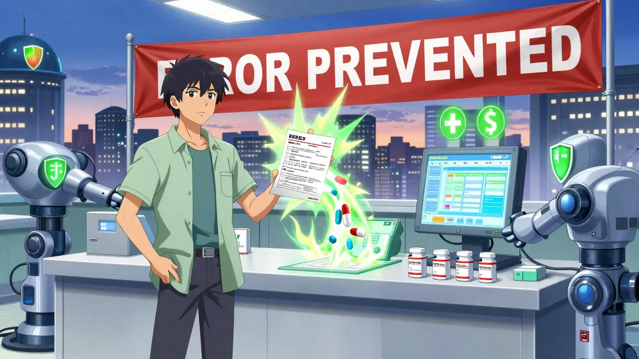 A patient watches as AI transforms a handwritten script into a corrected prescription with robotic help.