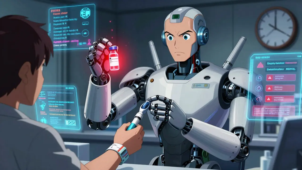 A robotic pharmacist double-checks insulin with digital alerts glowing around a patient's wristband.