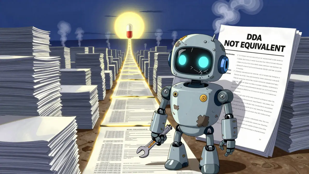 A small generic drug robot stands before a mountain of paperwork, clutching a wrench labeled H.R. 1843, facing rejection.