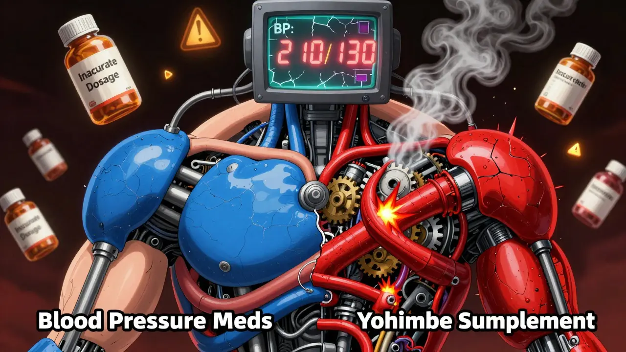 Human torso split open showing mechanical systems of blood pressure meds and yohimbe clashing violently.