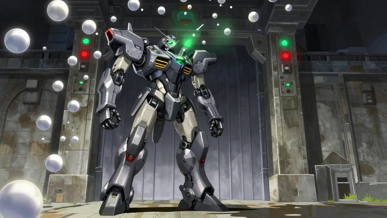 Large guardian mecha scanning pill orbs with green safety signals.