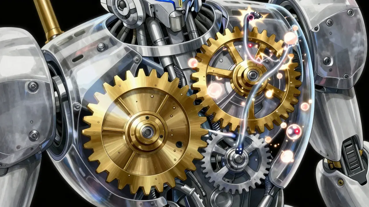 Mechanical gears interacting inside a transparent chassis symbolizing medication metabolism.