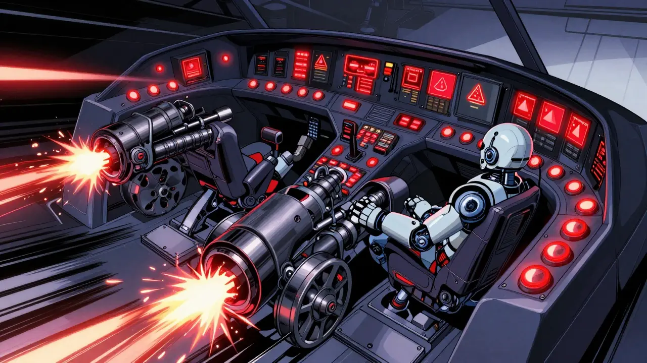 Robot control panel with brake levers slamming down and alarms flashing.